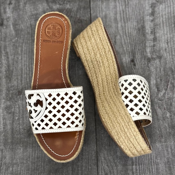 Tory Burch White Leather Thatched 65mm Platform Wedge Sandals - Picture 5 of 17